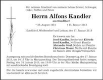 Traueranzeige Alfons Kandler