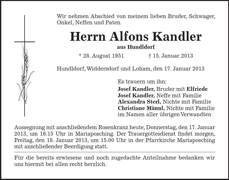 Traueranzeige Alfons Kandler