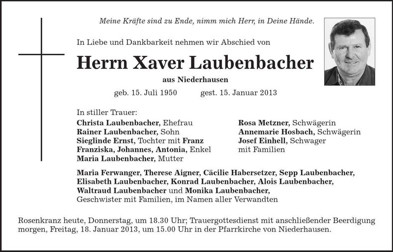 Traueranzeige Xaver Laubenbacher