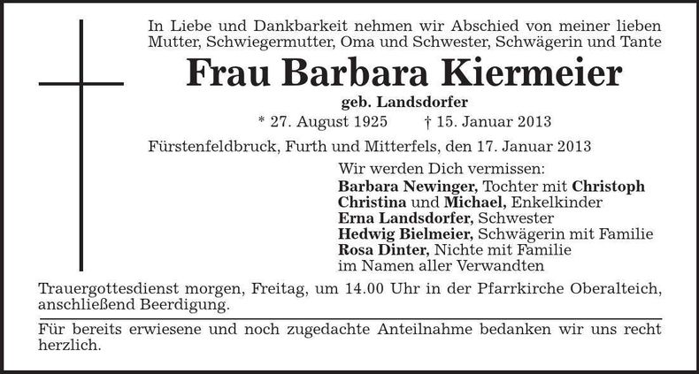 Traueranzeige Barbara Kiermeier