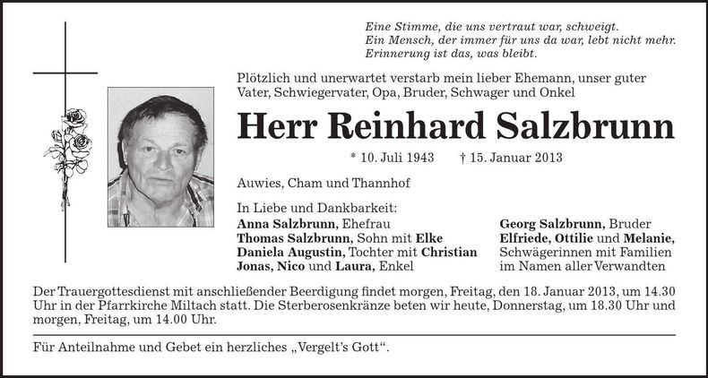 Traueranzeige Reinhard Salzbrunn