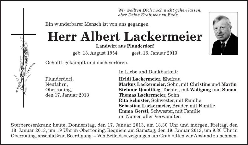 Traueranzeige Albert Lackermeier