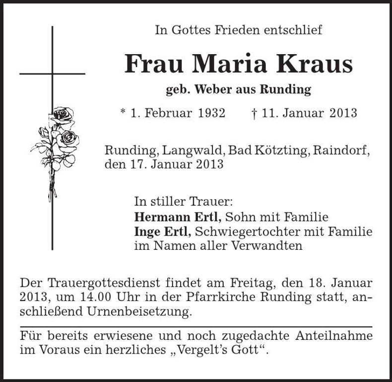 Traueranzeige Maria Kraus