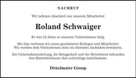 Traueranzeige Roland Schwaiger