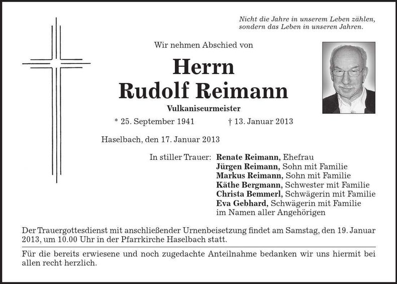 Traueranzeige Rudolf Reimann