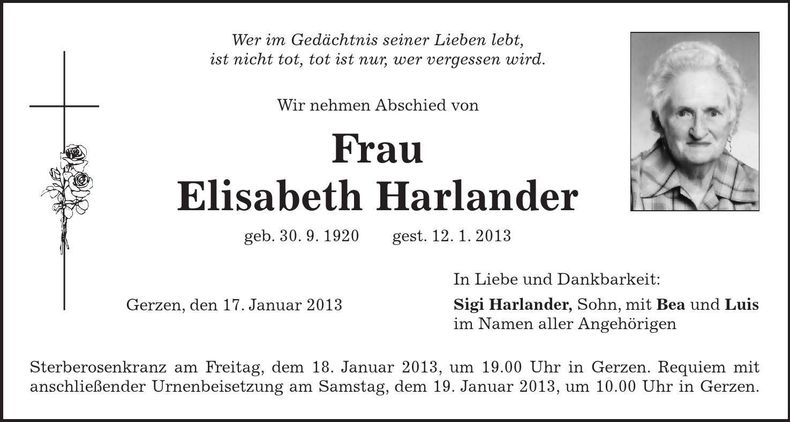 Traueranzeige Elisabeth Harlander