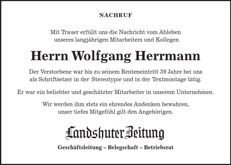 Traueranzeige Wolfgang Hermann