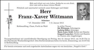 Traueranzeige Franz-Xaver Wittmann