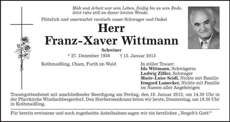 Traueranzeige Franz-Xaver Wittmann