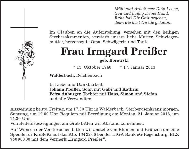 Traueranzeige Irmgard Preißer