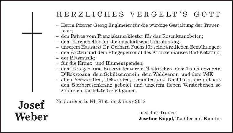 Traueranzeige Josef Weber