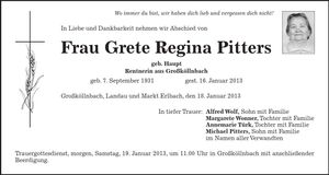 Traueranzeige Grete Regina Pitters