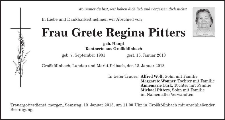 Traueranzeige Grete Regina Pitters