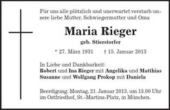 Traueranzeige Maria Rieger