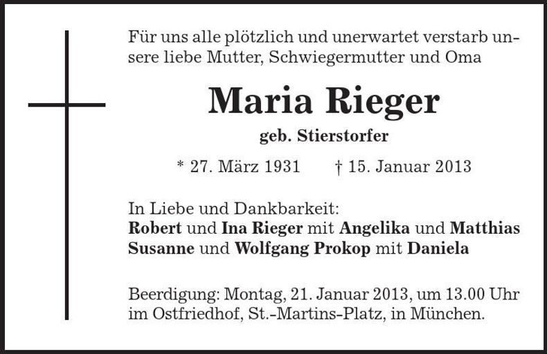 Traueranzeige Maria Rieger