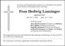 Traueranzeige Hedwig Lanzinger