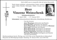 Traueranzeige Vinzenz Weinschenk