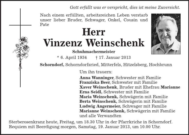 Traueranzeige Vinzenz Weinschenk