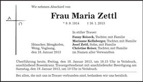 Traueranzeige Maria Zettl