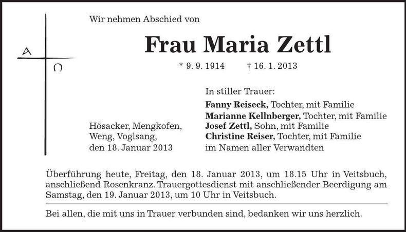 Traueranzeige Maria Zettl
