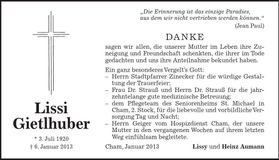 Traueranzeige Lissi Gietlhuber