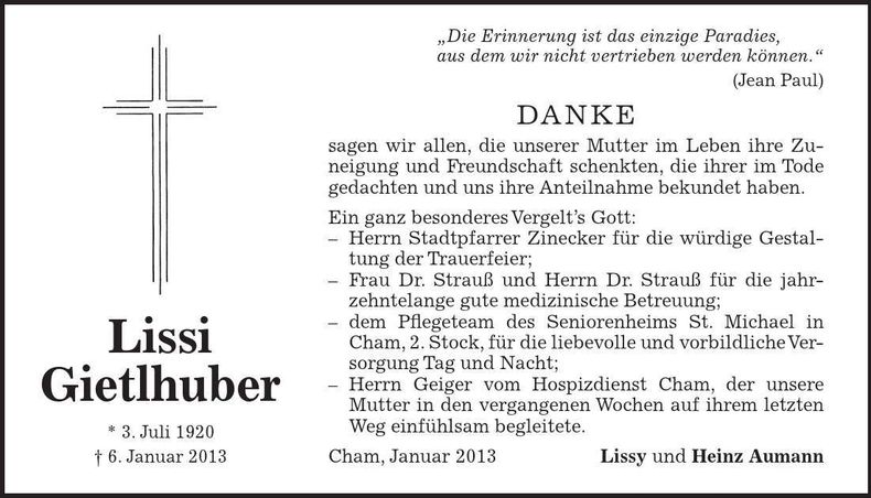 Traueranzeige Lissi Gietlhuber