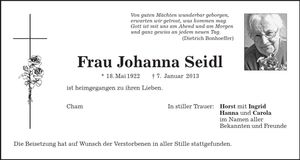Traueranzeige Johanna Seidl