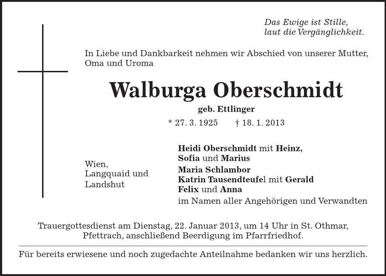 Traueranzeige Walburga Oberschmidt