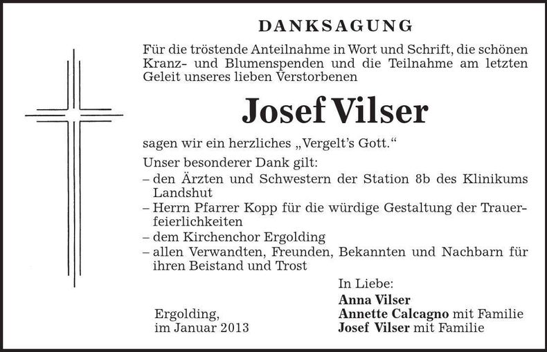 Traueranzeige Josef Vilser