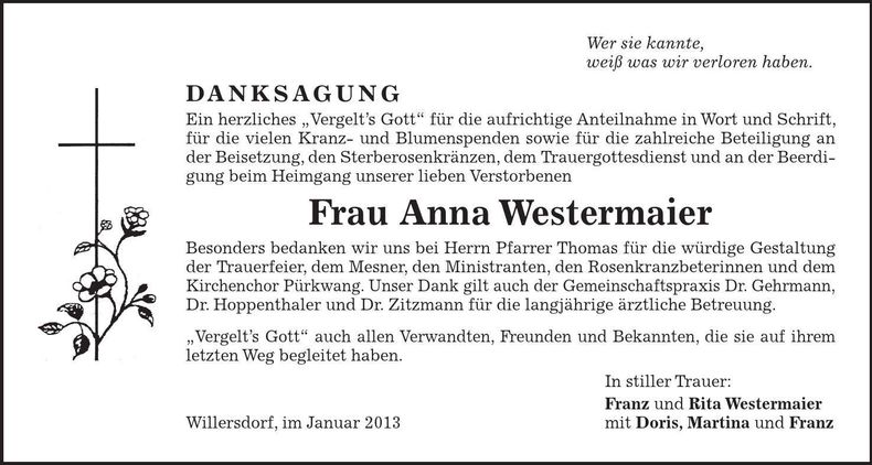 Traueranzeige Anna Westermaier