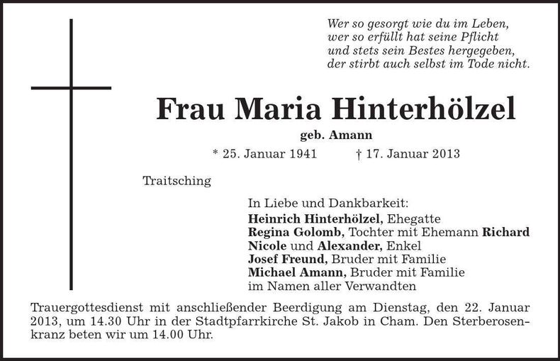 Traueranzeige Maria Hinterhölzel
