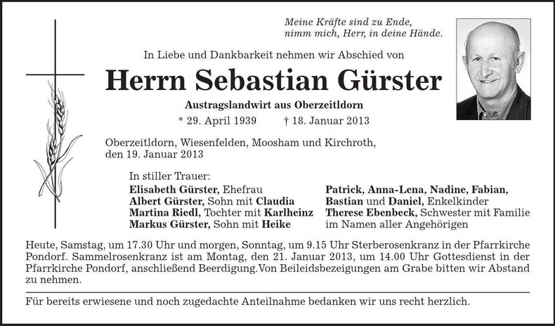Traueranzeige Sebastian Gürster