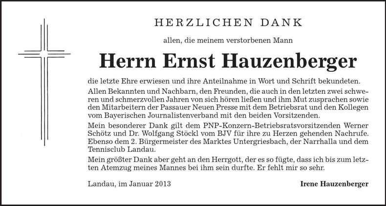 Traueranzeige Ernst Hauzenberger