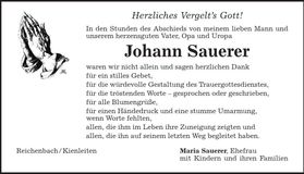 Traueranzeige Johann Sauerer