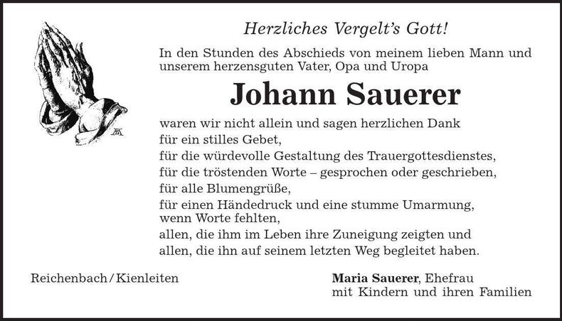 Traueranzeige Johann Sauerer