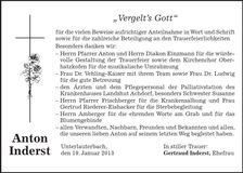 Traueranzeige Anton Inderst
