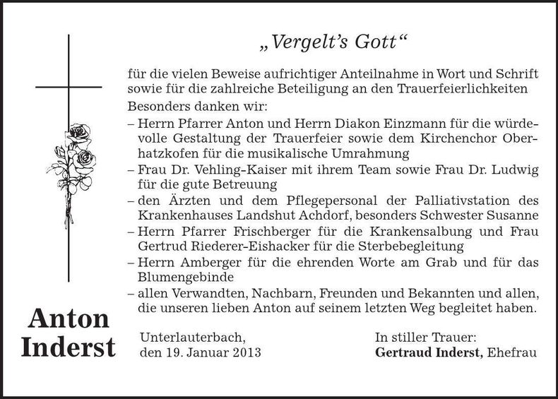 Traueranzeige Anton Inderst