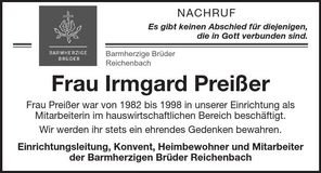Traueranzeige Irmgard Preißer