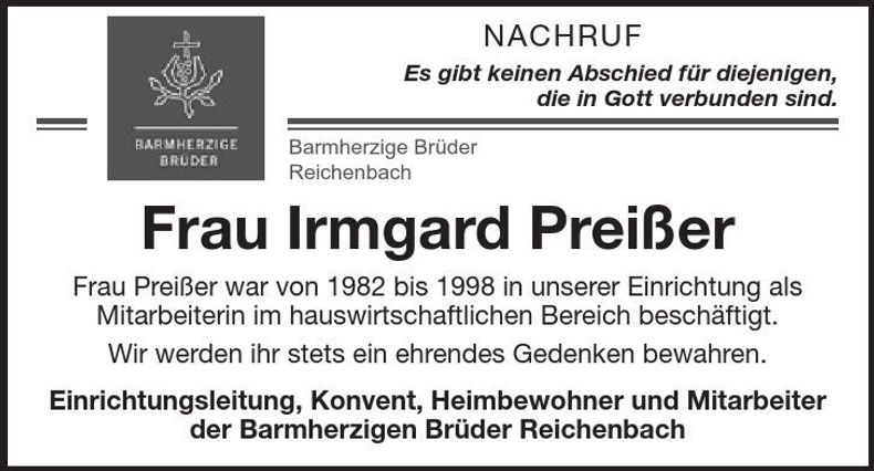 Traueranzeige Irmgard Preißer