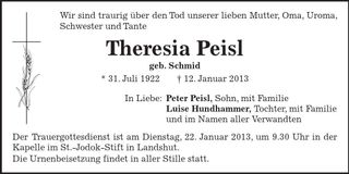 Traueranzeige Theresia Peisl