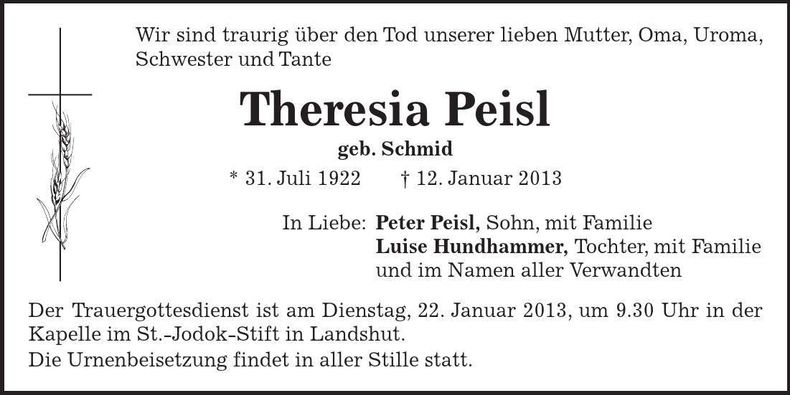 Traueranzeige Theresia Peisl
