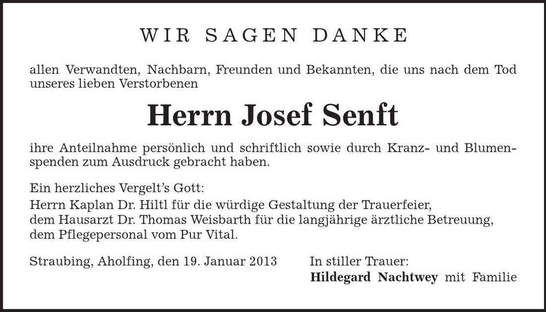 Traueranzeige Josef Senft