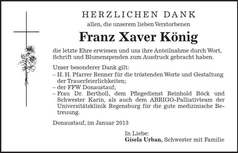 Traueranzeige Franz Xaver König