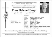 Traueranzeige Helene Haupt