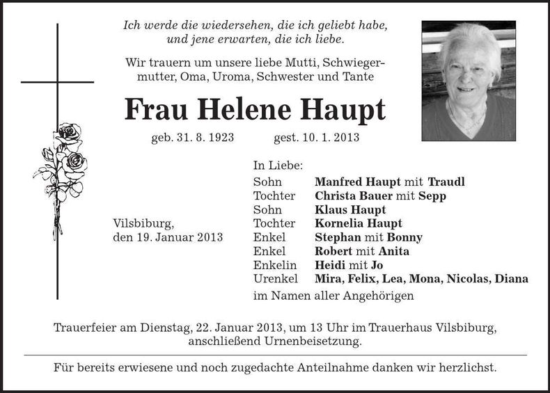 Traueranzeige Helene Haupt