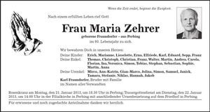 Traueranzeige Maria Zehrer