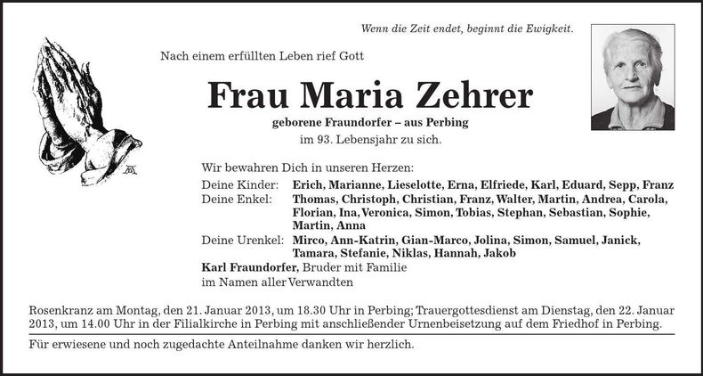 Traueranzeige Maria Zehrer