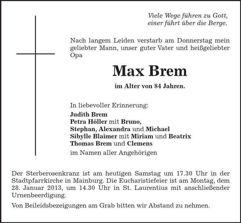 Traueranzeige Max Brem