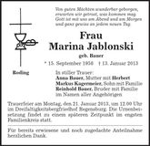 Traueranzeige Marina Jablonksi