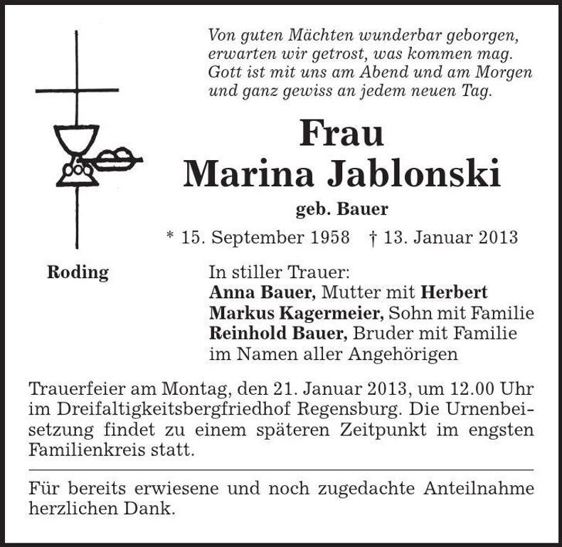 Traueranzeige Marina Jablonksi